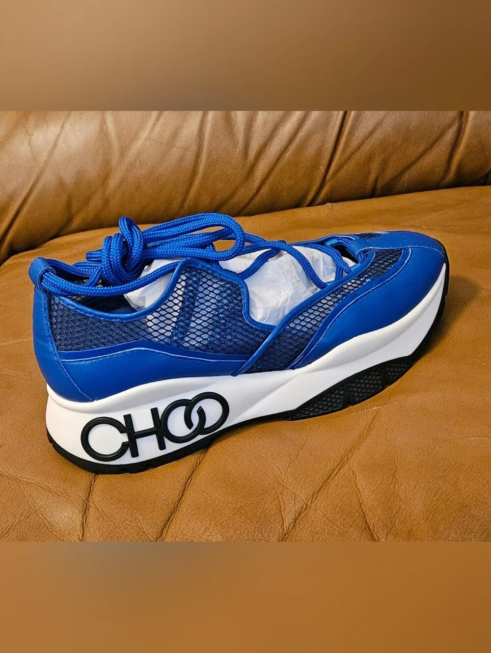 New Women's Jimmy Choo Blue Leather Strappy Lace Designer Sneakers Size 5.5 US